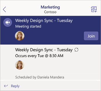 De wekelijkse ontwerpsynchronisatie is gestart in het marketingkanaal van het Contoso-team. Het heeft een knop Deelnemen.
