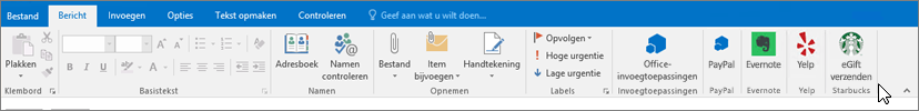 Schermafbeelding van het Outlook-lint met de focus op het tabblad Bericht waarbij de cursor wijst naar invoegtoepassingen uiterst links. In dit voorbeeld zijn de invoegtoepassingen Office-invoegtoepassingen, PayPal Evernote, Yelp en Starbucks.