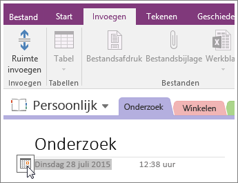 Schermafbeelding van het wijzigen van de datumstempel van een pagina in OneNote 2016.