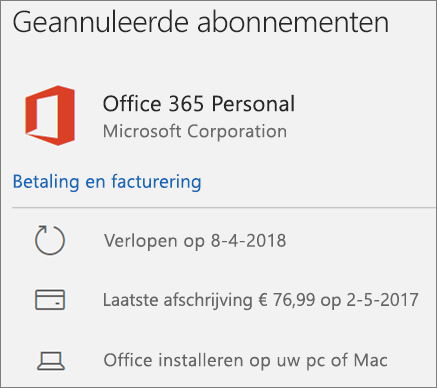 Toont een verlopen Office 365-abonnement