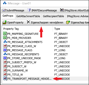 Gebruik OutlookSpy om de eigenschap PR_TRANSPORT_MESSAGE_HEADERS te verwijderen.