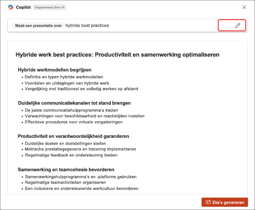 Schermopname van de lijst met onderwerpen die zijn gegenereerd door PowerPoint Copilot.