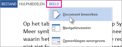 Afbeelding van een gedeelte van het menu Beeld in leesmodus, met de optie Document bewerken geselecteerd.