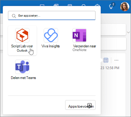 Het flyoutmenu Apps van een bericht dat wordt gelezen in webversie van Outlook en in de nieuwe Outlook voor Windows.