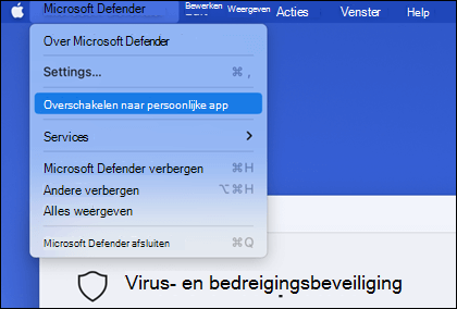 Het menu Microsoft Defender geopend om 'Overschakelen naar persoonlijke app' geselecteerd weer te geven.