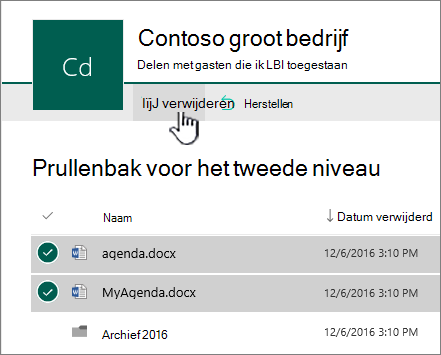 Gemarkeerde knop Leegmaken voor Prullenbak voor tweede stadium van SharePoint Online