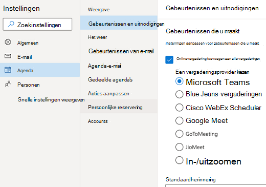 webversie van Outlook: standaardprovider voor onlinevergaderingen selecteren