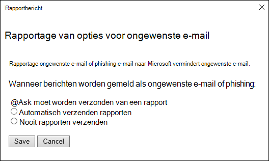 Schermopname met opties voor berichten die zijn gerapporteerd als ongewenste e-mail of phishingpogingen