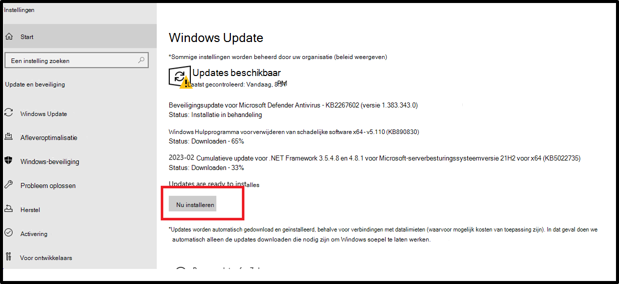 gebruikersinterface voor Windows Update-instellingen