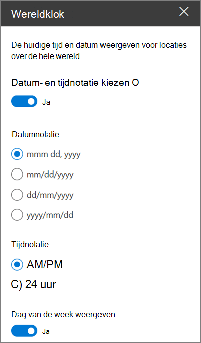 De werkset voor het webonderdeel Wereldklok voor SharePoint-sites, waarin wordt getoond hoe u de datum- en tijdnotatie kunt aanpassen