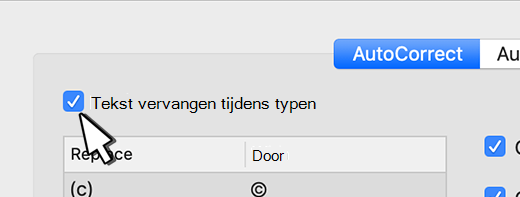 Outlook voor Mac het selectievakje Tekst vervangen terwijl u typt