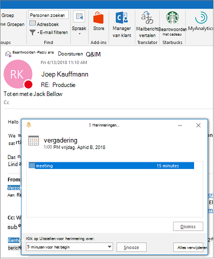 Dialoogvenster Herinnering boven op een Outlook e-mailbericht