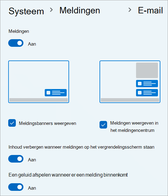 Instellingen voor meldingen voor de e-mail-app in Windows 11.