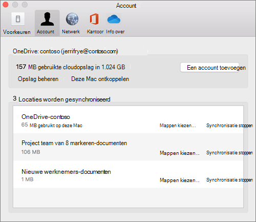 Schermafbeelding van het tabblad Account van de synchronisatieclient van OneDrive voor de Mac