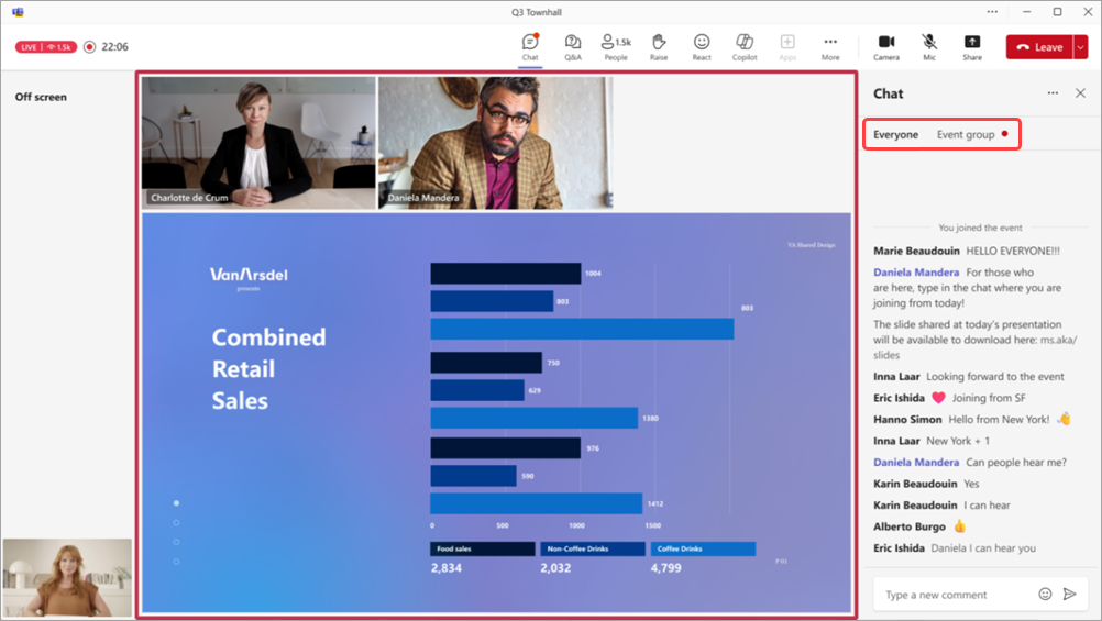 Schermopname van een gemeentehuis in Teams met de chatfeed van de organisator weergegeven.