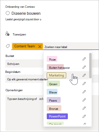 Een label selecteren in taakdetails in Planner