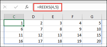 Voorbeeld van een functie REEKS met een matrix van 4 x 5