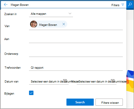 Zoekfilters in de webversie van Outlook