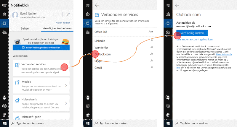 Schermafbeelding met Cortana geopend op Windows 10 en het geopende menu met verbonden services.