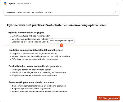 Schermopname van de functie Meer toevoegen met Copilot in PowerPoint Copilot.