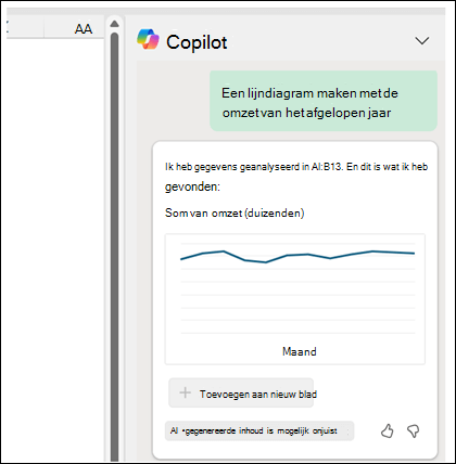 Het copilot-deelvenster met de prompt 'Een lijndiagram maken met de omzet van het afgelopen jaar', gevolgd door een gegenereerd lijndiagram met de omzet.