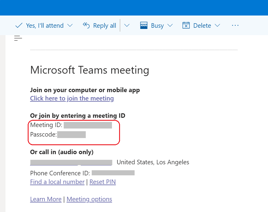 Afbeelding met de opties voor Teams deelnemen aan een vergadering onder aan een uitnodiging voor een vergadering in Outlook. Vergaderings-id en wachtwoordcode zijn gemarkeerd. 