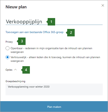 Schermafbeelding van het dialoogvenster Planner Nieuw plan met bijvoegingen voor 1 naam ingevoerd 'Verkooppijplijn', 2 optie voor 'Toevoegen aan een bestaande Office 365-groep', 3 privacyopties en 4 opties vervolgkeuzekeuze.