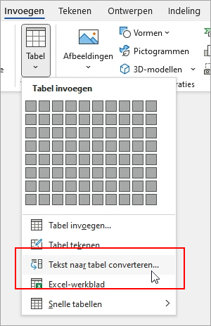 De optie Tekst naar tabel converteren is gemarkeerd op het tabblad Invoegen.