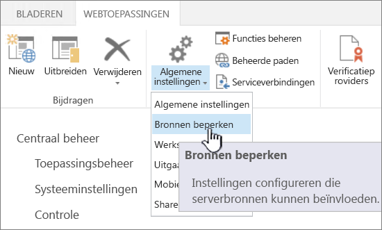 Resourcebeperkingen in Centraal beheer geselecteerd.