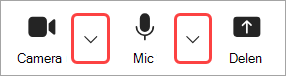 Afbeelding die de vervolgkeuzepijlen camera en microfoon markeert in de besturingselementen voor Teams-vergaderingen.