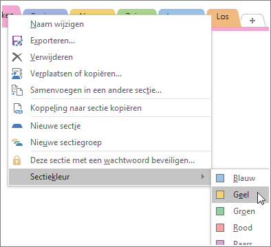 Screenshot of how to change a section color in OneNote 2016.