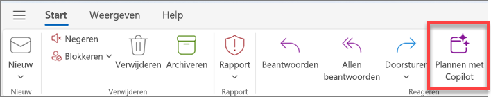 Toont de Outlook-werkbalk met de knop 'Plannen met Copilot' gemarkeerd.