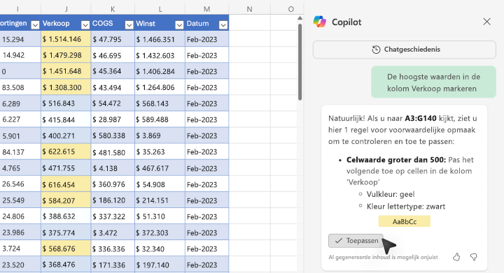 Schermopname van het markeren van waarden met Copilot in Excel.