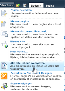 Alle site-inhoud weergeven in het menu Siteacties