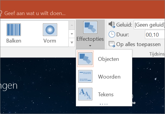 Toont opties voor overgangseffect voor de overgang Morphing in PowerPoint 2016