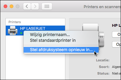 Druk op Control en klik op de lijst met printers voor toegang tot Stel afdruksysteem opnieuw in in OSX.