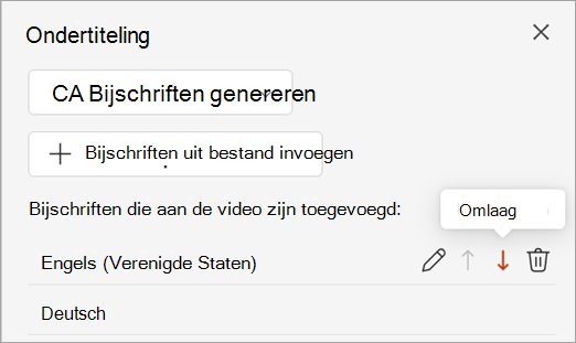 De knop Omlaag voor een bijschrifttrack in het deelvenster Bijschriften.