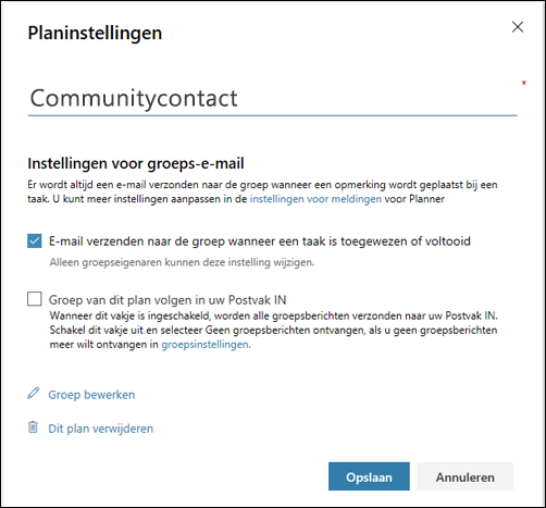 Schermafbeelding: De instelling 'E-mail verzenden naar de groep van het plan... weergeven'. voor de planinstellingen
