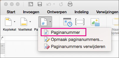 Klik op het tabblad Koptekst en voettekst in het menu Paginanummer op Paginanummer om een paginanummer toe te voegen.
