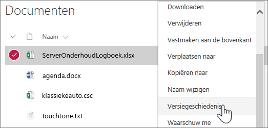 Snelmenu voor documentbibliotheek met versiegeschiedenis gemarkeerd