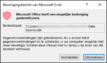 Microsoft Excel-beveiligingskennisgeving - Geeft aan dat Excel een mogelijk beveiligingsprobleem heeft geïdentificeerd. Kies Inschakelen als u de locatie van het bronbestand vertrouwt, schakel deze optie uit als u dat niet doet.