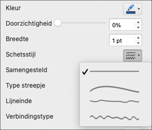 Opties voor lijnopmaak in Mac met de stijl Schetsen geselecteerd
