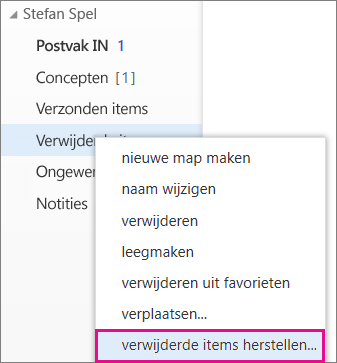 Te gebruiken menupad om het dialoogvenster Verwijderde items herstellen te openen in Outlook Web App