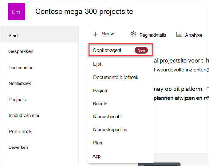 De schermopname van het maken van een nieuwe Copilot-agent vanaf de startpagina van de site