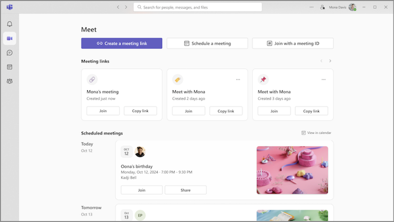 Screenshot of the Meet tab in Teams showing new way to manage your meetings.