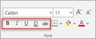 De sectie Lettertype van het tabblad Start, met effecten gemarkeerd.