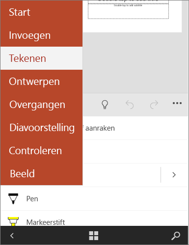 Toont het geselecteerde tabblad Tekenen in Office Mobile.