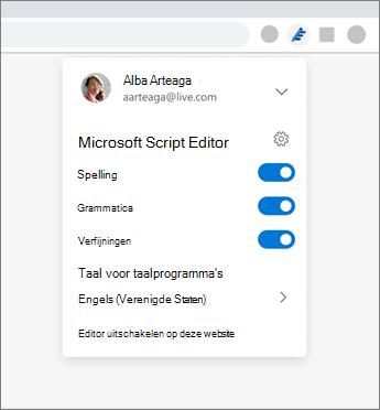 De uitbreiding voor Microsoft Editor waarin de vervolgkeuzelijst van de browser wordt weergegeven met instellingen voor het in- en uitschakelen van opties