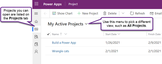 Het tabblad Projecten in Project Power App met de weergave Mijn actieve projecten