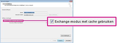 selectievakje exchange-modus met cache gebruiken in het dialoogvenster account wijzigen